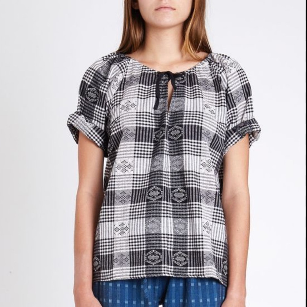 Ace & Jig Black & White Plaid Cotton Short Sleeve Blouse